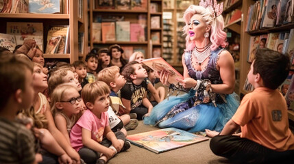Fototapeta na wymiar Drag Queen Reading A Book to Several Young Children in a Bookstore.
