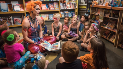Drag Queen Reading A Book to Several Young Children in a Bookstore.
