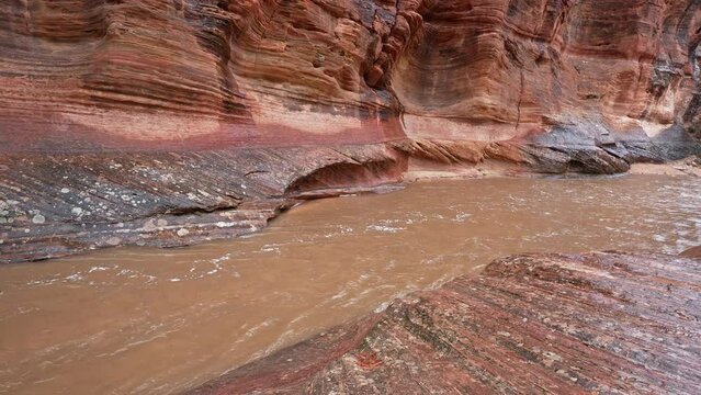 Panning view of flood water flowing through Zion National Park during heavy rain storm.