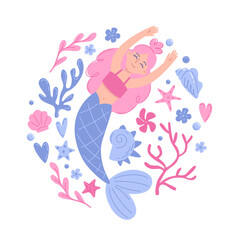 happy mermaid with pink hair