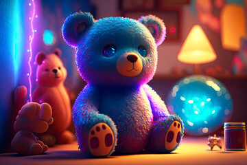 Cute teddy bear sitting on the floor and neon background, Generative AI

