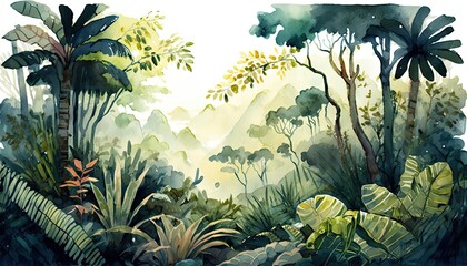Watercolor illustration lush Amazon forest landscape, painted in harmonious colors, picturesque, calming natural environment. Intricate details and textures of the foliage and wildlife. Generative AI.
