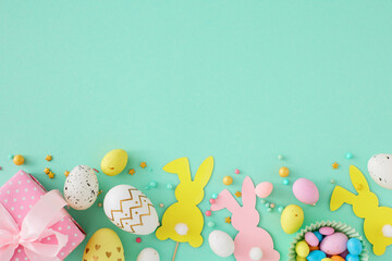 Fototapeta na wymiar Easter decor concept. Flat lay photo of white yellow eggs chocolate dragees gift box and paper bunnies on turquoise background with copyspace