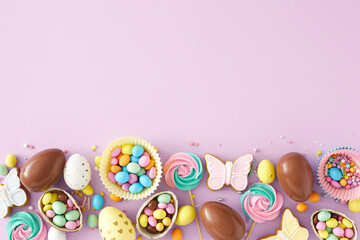Fototapeta na wymiar Easter sweets concept. Top view photo of chocolate eggs paper baking molds with dragees meringue lollipops sprinkles and gingerbread on pastel violet background with copyspace