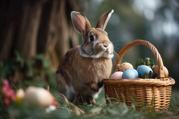 adorable rabbit in the field with a wicker basket full of easter eggs. Ai generative