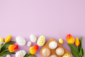 Fototapeta na wymiar Easter celebration idea. Top view composition of white yellow and golden easter eggs in wooden holder and tulips flowers on isolated lilac background with empty space