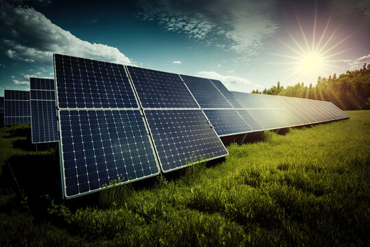 photovoltaic solar power panel in the field, green clean Alternative power energy concept. Ai generative