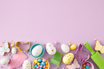 Fototapeta na wymiar Easter cooking idea. Top view photo of white yellow easter eggs kitchen utensils baking molds cookie and сolorful dragees on pastel lilac background with copy space