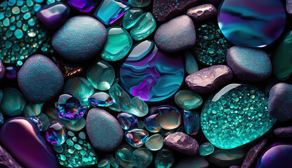 stones background, seamless pebbles background, precious shiny glass gems, crystal,  gemstone, turquoise, shiny, close up, background´s builder, structures, luxury, beautiful. Generative Ai