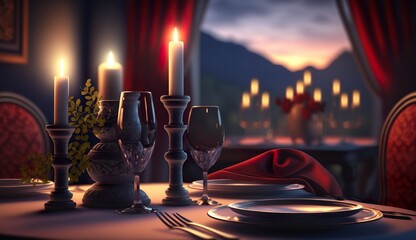 Fine Dining: Wine Glasses with Candles and Beautiful Scenery at a Fancy Restaurant. Generative Ai.