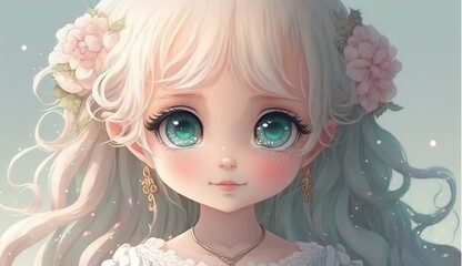Cute Anime-Style Portrait of a Little Girl with White Hair and Big Blue Eyes. Generative Ai.