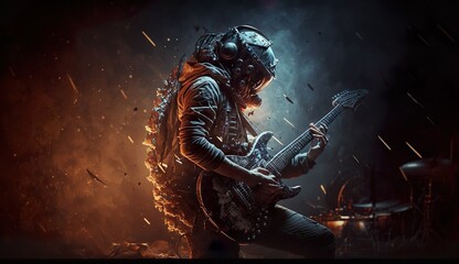 An Intense Environmental Performance: A Person Wearing a Mask and Playing Guitar in the Dark, Creating Harsh and Powerful Music That Resonates With the Theme of the Deteriorating World. Generative Ai.