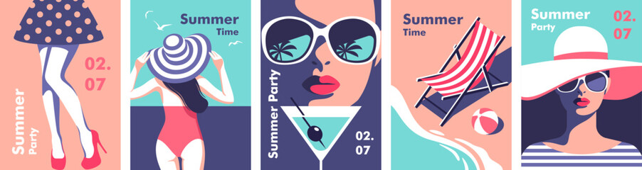 Summer time. Concept of summer party and travel. Perfect background on the theme of season vacation, weekend, beach. Vector illustration in minimalistic style for posters, cover art, flyer, banner. © faber14