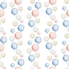 Seamless watercolor Pattern with Air Balloons in cute pastel pink and blue colors. Hand drawn illustration on isolated background for happy birthday party celebration. Ornament for wrapping paper.
