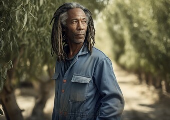 Fototapeta premium Middle aged black man farmer at almond tree farm. Generative AI.