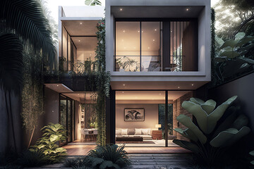 luxury house with tropical plants, generative ai