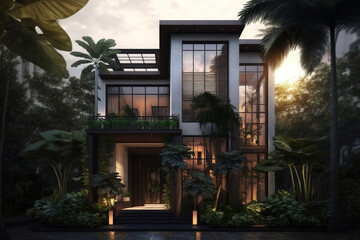 luxury house with tropical plants, generative ai