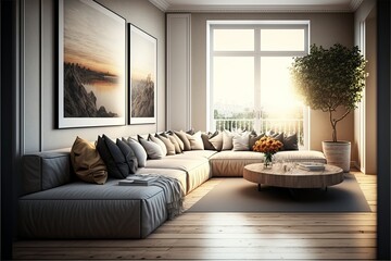 Modern and luxury interior of a living room. Penthouse concept. AI render.