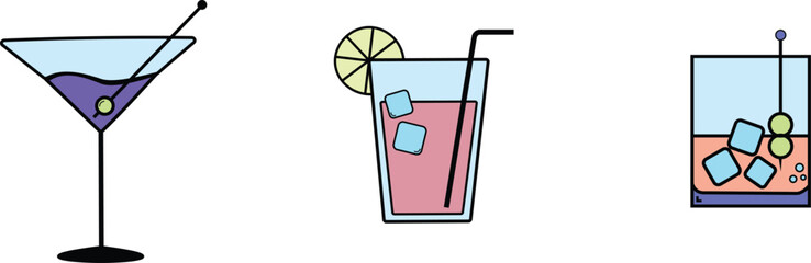 Set of various cocktail glasses served with lemon and other garnishes