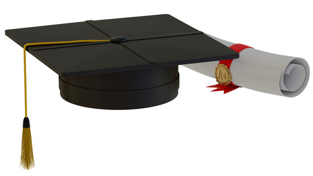 Graduation cap and diploma isolated on Transparent PNG Background. School, Student, Education, graduation and diploma concept