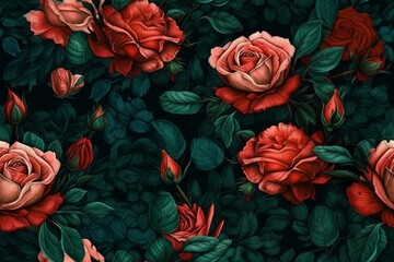 Bold red roses with green leaves on a dark background, seamless pattern texture Generative AI