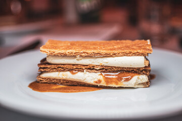Closeup shot of Millefeuille dessert on a plate