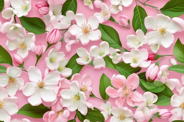 Beautiful pink and white cherry blossom flowers with green leaves, seamless pattern texture Generative AI