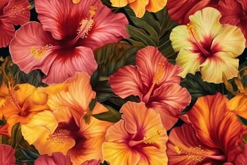 Exotic and tropical hibiscus flowers in shades of pink, orange, and yellow, seamless pattern texture Generative AI