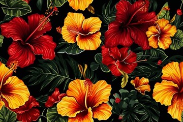 Bold and vibrant red and yellow hibiscus flowers on a black background, seamless pattern texture Generative AI