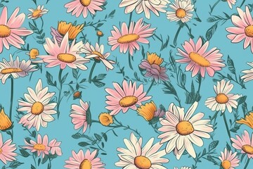 Fototapeta na wymiar Playful and cute pink and yellow daisy flowers on a light blue background, seamless pattern texture Generative AI