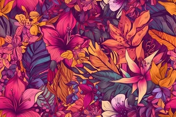 Fotobehang Exotic and colorful tropical flowers in shades of pink, purple, and yellow, seamless pattern texture Generative AI © Denis Yevtekhov