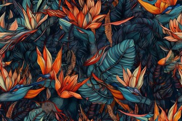 Exotic and tropical bird of paradise flowers in shades of orange and blue, seamless pattern texture Generative AI