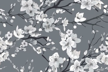 Clean and simple white and gray cherry blossom flowers with minimalist branches, on white background, seamless pattern texture Generative AI