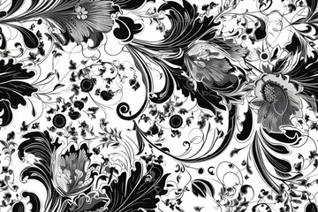 Elegant and sophisticated abstract floral shapes in shades of gray and black, on white background, seamless pattern texture Generative AI