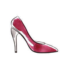 Elegant women's shoes. Hand drawn in outline and watercolor. Beauty and fashion banner design template.