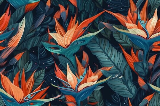 Exotic and tropical bird of paradise flowers in shades of orange and blue, seamless pattern texture Generative AI