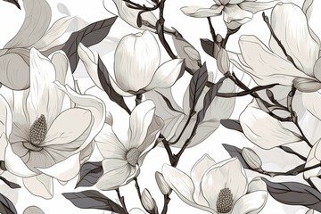 Chic and modern white and gray magnolia flowers with minimalistic branches, on white background, seamless pattern texture Generative AI