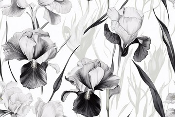 Clean and simple white and gray iris flowers with minimalist petals, on white background, seamless pattern texture Generative AI