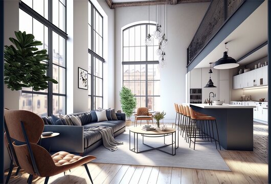 Modern and luxury interior of a living room. Penthouse concept. AI render.