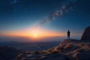Fototapeta premium Person Hilltop Watching, Sun Setting, Expansive Starry Landscape, Enchanting Night Sky, Generative Ai