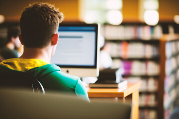 Devoted student, viewed from behind, as they immerse themselves in a thought-provoking book at a sleek table within a spacious, brightly lit modern library. Generative AI
