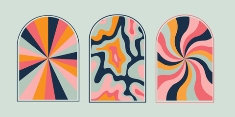 Set of Psychedelic groovy swirl frames and decor. Trendy 1960s and 1970s style illustration vector. 