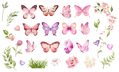 Butterfly collection. Watercolor illustration. Colorful Butterflies clipart set. Pink butterfly. Girl baby shower design elements. Party invitation, birthday celebration. Spring or summer decoration © Nataliya Kunitsyna