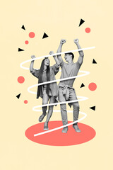 Creative trend collage of dancing youngsters boyfriend girlfriend have fun dancing stylish...