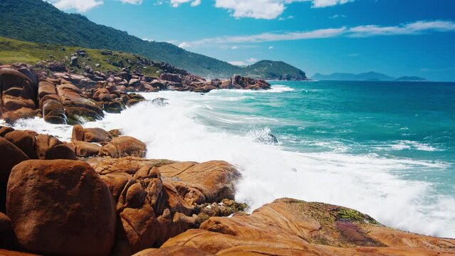 Rocky coastline near the town of Guarda do Embau in the state of Santa Catarina in Brazil