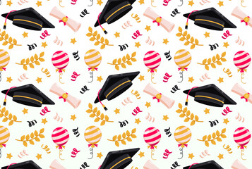 Happy Graduation. Cap, certificate, wheat and balloon pattern