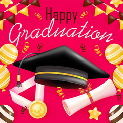 Happy Graduation. 3d vector hats, certificates and medals with balloon ornaments