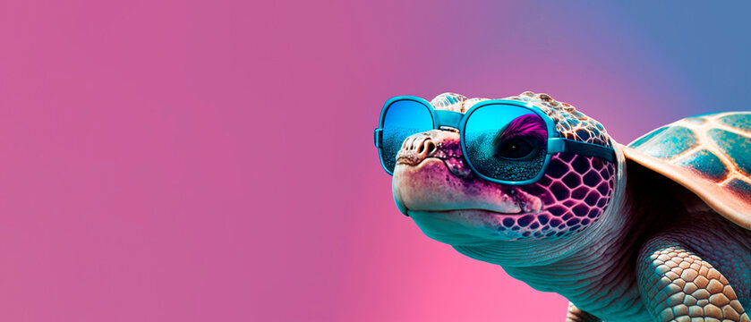 A turtle wearing a blue sunglasses, pink background with copy space, generative ai