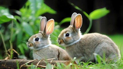 Naklejka na ściany i meble Bunnies sitting on green grass, close-up, shallow depth of field