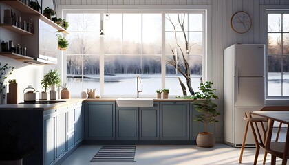 Illustration of cozy bright Scandinavian interior of a modern kitchen with a serene view on the outside. 